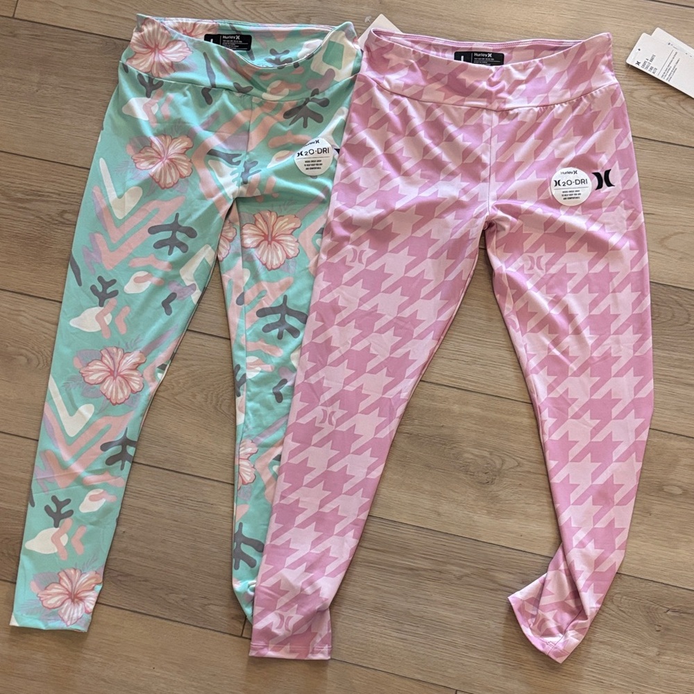 2 sets of Hurley Kids Floral and Houndstooth Leggings- NWT size Large girls